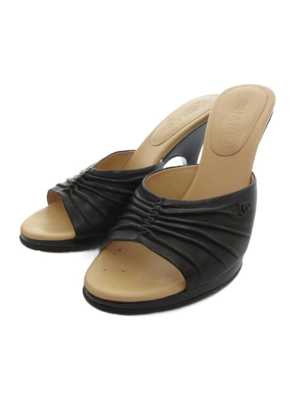 Chanel Sandals Pin Heels Leather CC Logo 7 Black Beige
